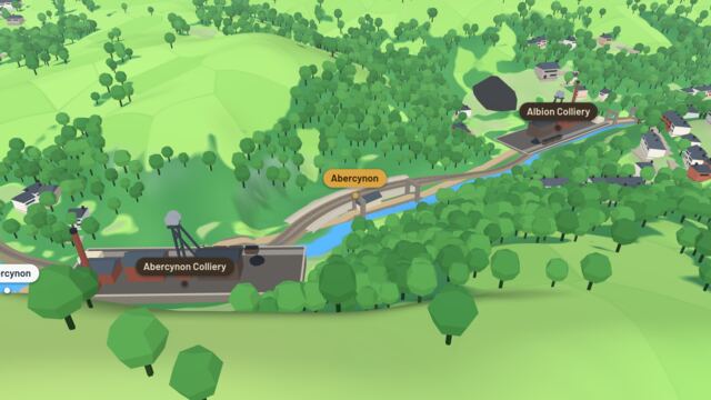 Abercynon station on the Taff Vale line, between Abercynon Colliery and Albion Colliery, with the river beside the track.