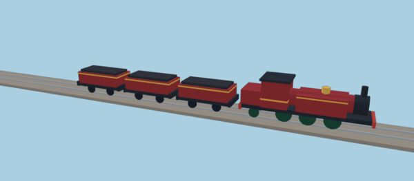 A red Valley Tank engine with three open coal wagons.