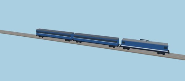 A blue Electric Type 4 with two air-conditioned coaches, its pantograph raised.