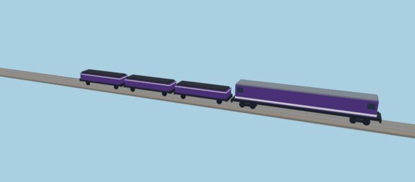 A purple Freight 66 diesel hauling three hopper wagons.