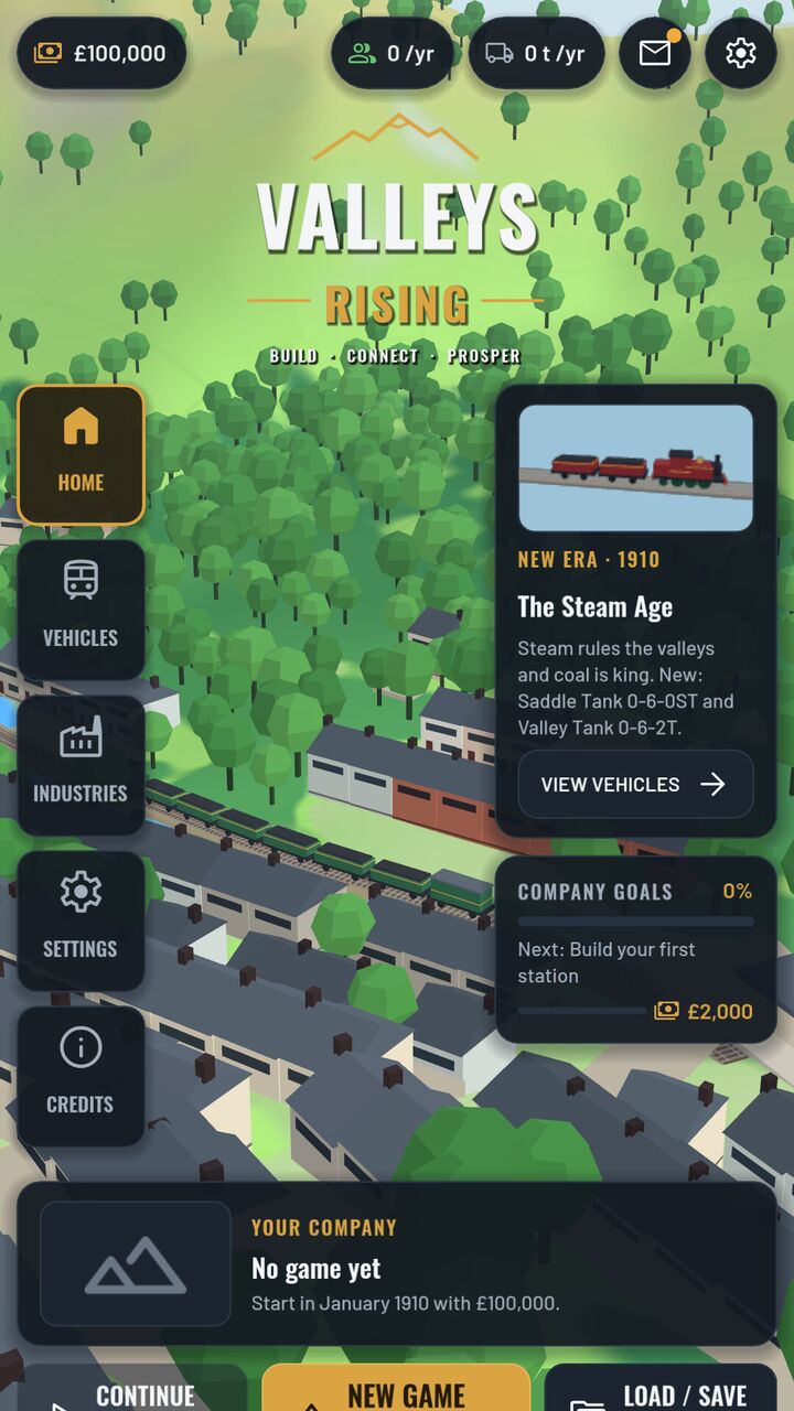 The game's main menu on a phone: the Valleys Rising logo over a village, with the new era card for 1910, The Steam Age.