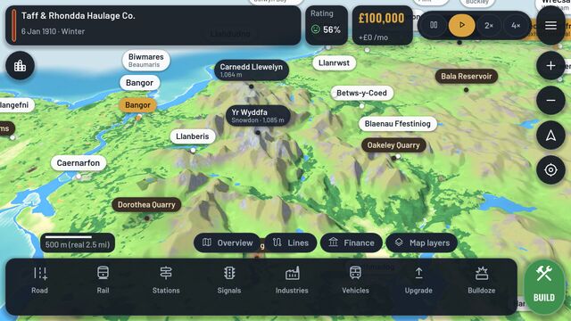 Snowdonia on a tablet: Yr Wyddfa, Carnedd Llewelyn and the slate quarries, with the build bar below.