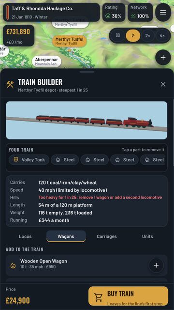 The train builder: a Valley Tank engine with steel wagons, and its speed, weight and running costs.